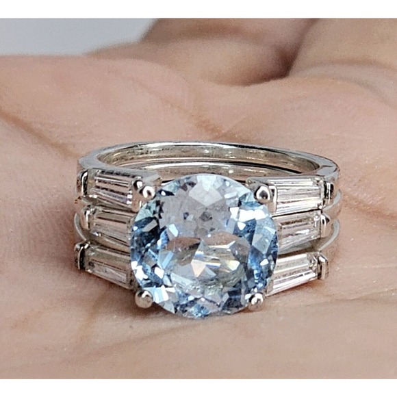 Vintage 925 Avon Blue Topaz & CZ Engagement Set SZ 4.75 - Picture 4 of 8
